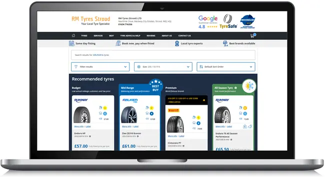 TyreClick website for RM Tyres Strood Desktop Image